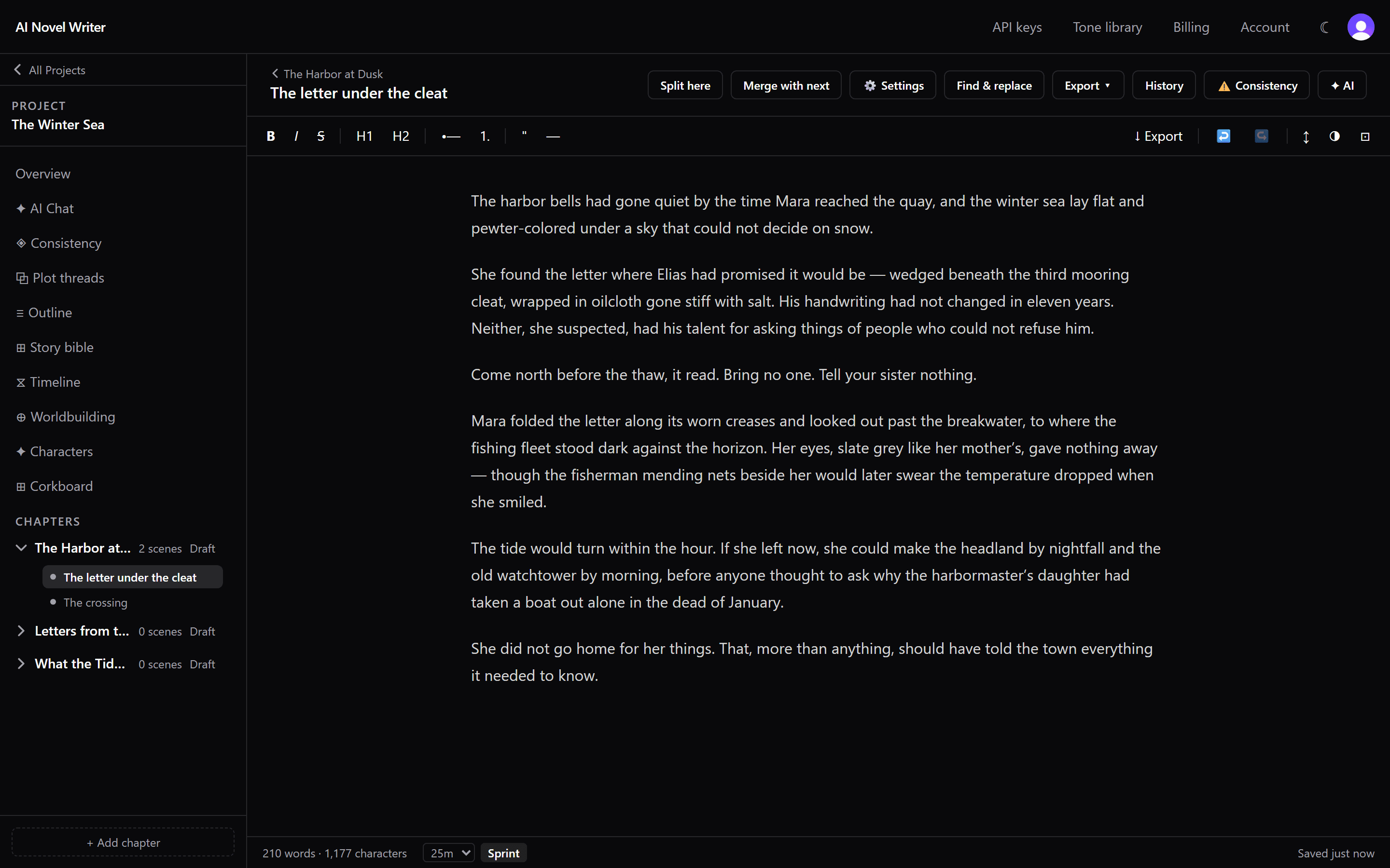 The NovelCanon studio: a scene from a novel open in the editor, with chapters, story bible, timeline, plot threads, and consistency tools in the sidebar.