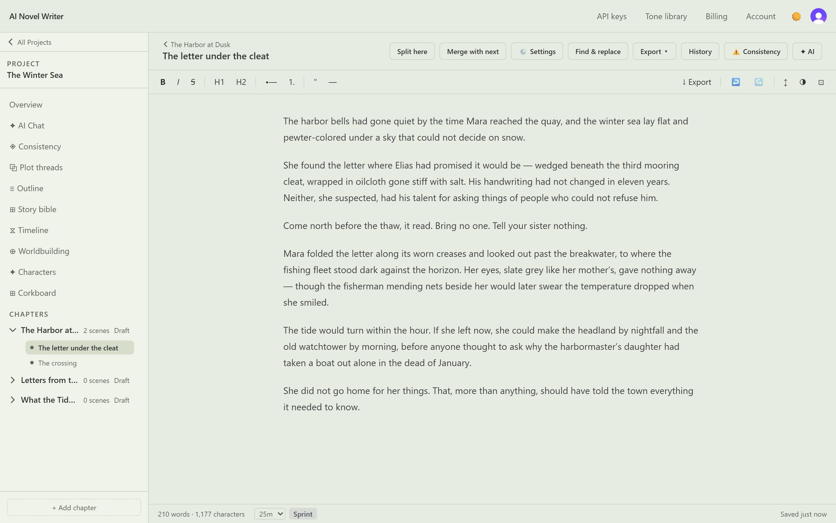 The NovelCanon studio: a scene from a novel open in the editor, with chapters, story bible, timeline, plot threads, and consistency tools in the sidebar.